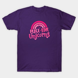 Peace, Love, Unicorns - Pink Retro Rainbow T-Shirt